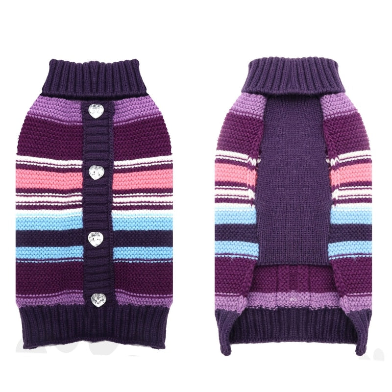 Purple Stripe Dog Sweater – Cozy 100% Cotton Knit with Heart Buttons, Soft & Breathable Fabric for Small to Medium Dogs (XS–2XL)