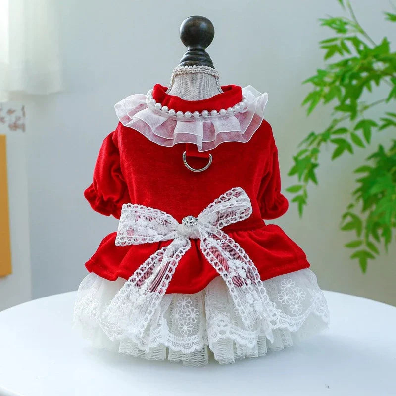 Red Velvet & Lace Holiday Party Dog Dress – Elegant Red Velvet Dress with Lace Skirt & Neckline, Faux Pearl Beaded Trim, and D-Ring for Leash Attachment; Perfect for Christmas or Holiday Parties (Velvet + Lace Material, Sizes XS–XL, Small–Medium Dogs)