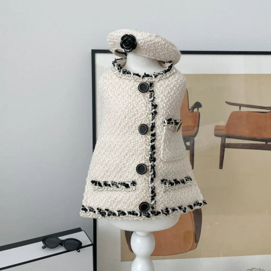Chic Chanel-Inspired Tweed Hat & Dog Dress – Handmade 2-Piece Designer Set with Lace Trim & Beret for Small Dogs (S–XL, Black or Off-White)