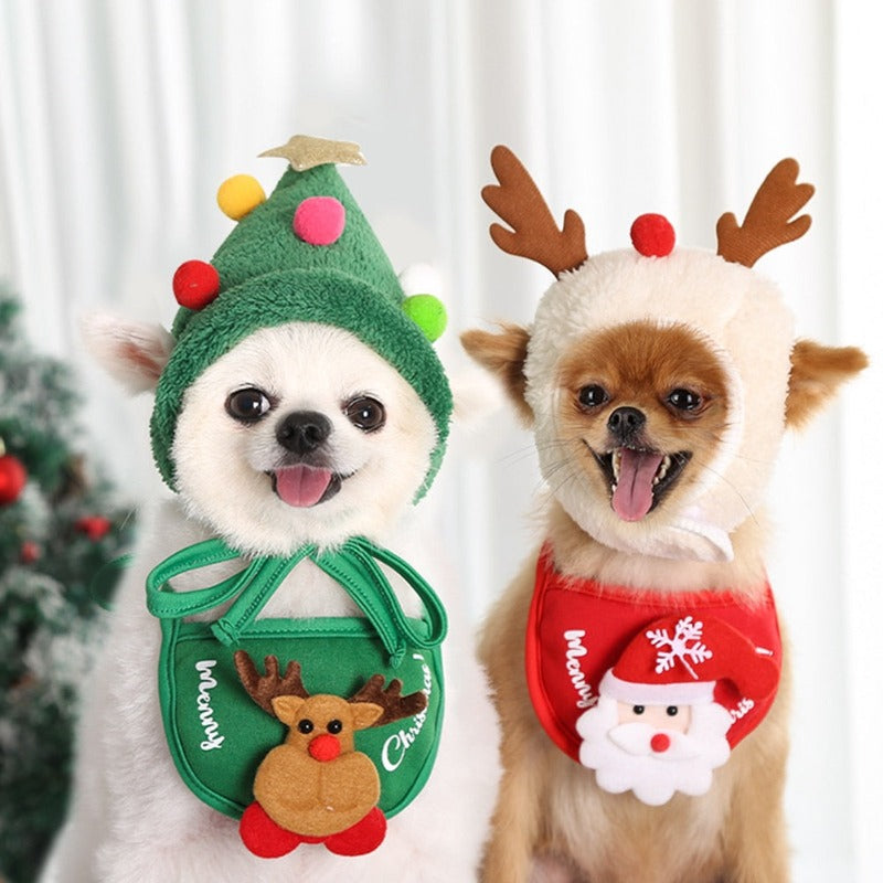 Christmas Dog Hats and Bibs – Festive Holiday Pet Accessories for Small to Medium Dogs, Available in Three Styles (Red, Green & White) Made of Soft Fleece, Polyester & Felt with Tie-On or Velcro Closure