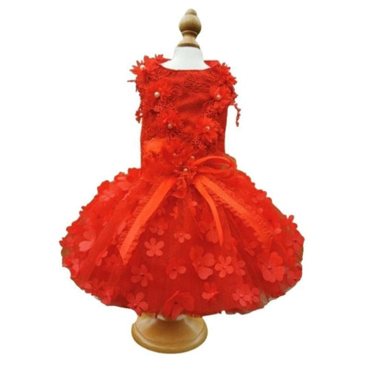 Designer Handmade “Scarlett” Dog Party Dress – Red Floral Lace Dress with 3D Flowers & Tulle Skirt (XS–XL, Custom Sizes Available)