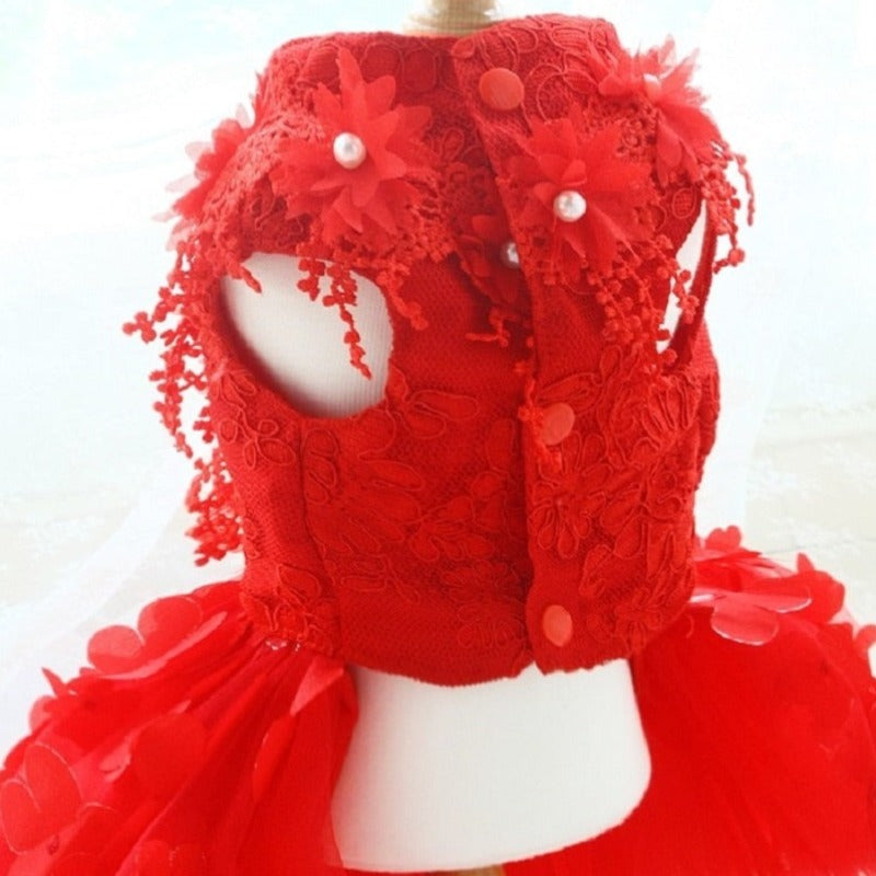 Designer Handmade “Scarlett” Dog Party Dress – Red Floral Lace Dress with 3D Flowers & Tulle Skirt (XS–XL, Custom Sizes Available)