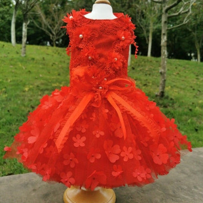 Designer Handmade “Scarlett” Dog Party Dress – Red Floral Lace Dress with 3D Flowers & Tulle Skirt (XS–XL, Custom Sizes Available)