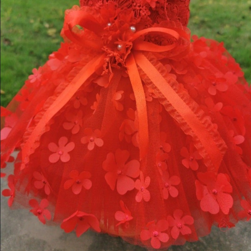 Designer Handmade “Scarlett” Dog Party Dress – Red Floral Lace Dress with 3D Flowers & Tulle Skirt (XS–XL, Custom Sizes Available)