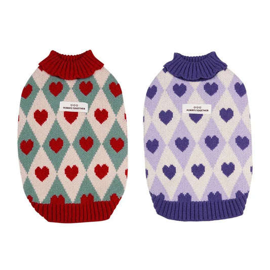 Diamond Heart Dog Sweater – Soft Valentine-Inspired Knit in Vintage Red or Purple for Small & Medium Dogs (S–XXL)