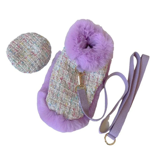 Très Chic Lilac Tweed Coat, Hat & Leash Set – Parisian-Style Dog Outfit with Faux Fur Cape & Beret (S–XL)