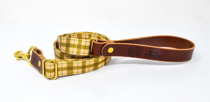 Whiskey Tartan Dog Leash – Handcrafted Leather & Brass (Fixed or Adjustable)