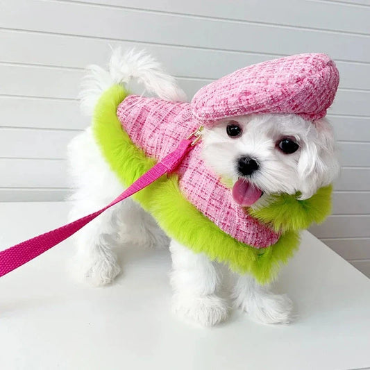 Très Chic Pink & Lime Tweed Dog Coat, Hat & Leash Set – Elegant Handmade Faux Fur Cape Ensemble for Small Dogs (S–XL)