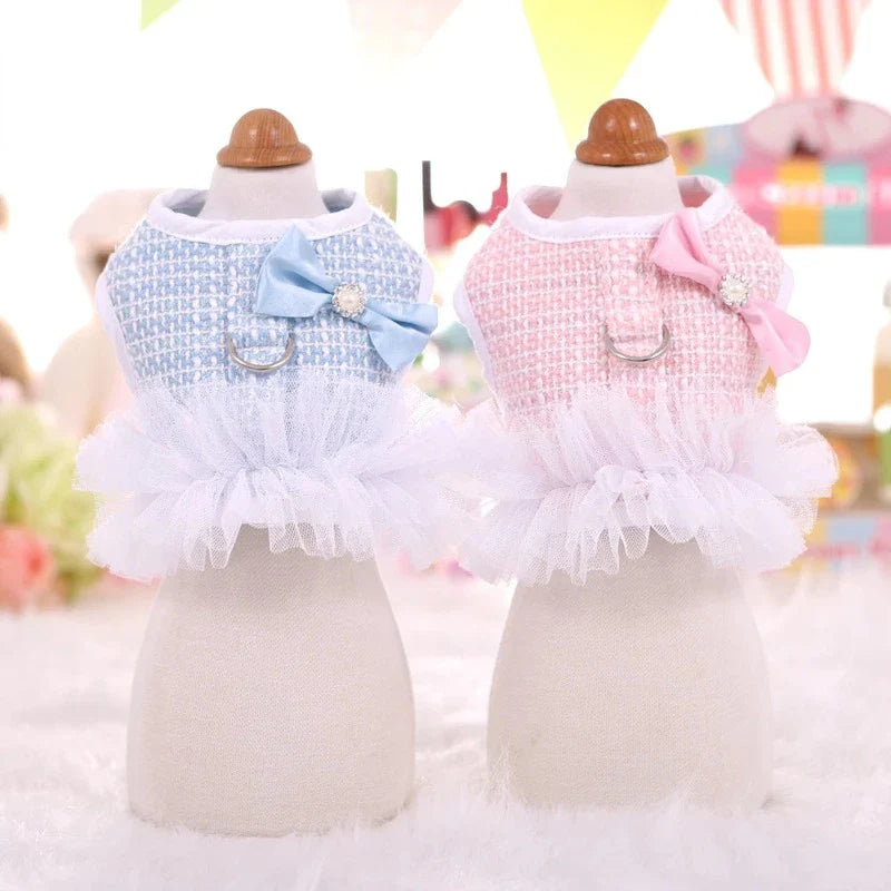 Pastel Pink or Blue Tweed Dog Tutu Harness & Leash Set – Elegant Tweed Harness with Tulle Skirt and Matching Leash for Small Dogs (S–L, Adjustable Velcro Fit)