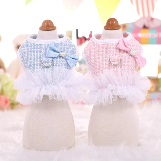 Pastel Pink or Blue Tweed Dog Tutu Harness & Leash Set – Elegant Tweed Harness with Tulle Skirt and Matching Leash for Small Dogs (S–L, Adjustable Velcro Fit)