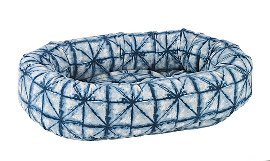 Donut Dog Bed – Shibori Blue Pattern Upholstery-Grade Fabric with Removable Washable Cover & Tufted Cushion, High-Memory Fiber Fill