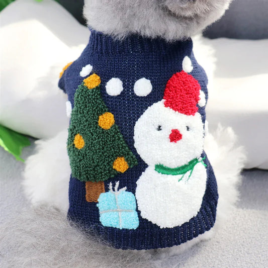 Snowman Dog Sweater – Festive Blue Wool-Blend Christmas Knit for Small & Medium Dogs (XS–XL)
