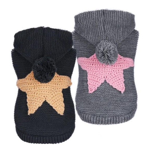 Star Dog Sweater Hoodie – Knit Pullover Hoodie for Small Dogs (XS–XL, Pink or Gold Star)