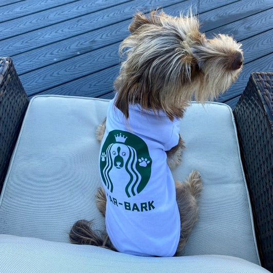 Star-Bark Coffee Dog T-Shirt – Funny Starbucks-Inspired Tee for Small, Medium & Large Dogs (XS–3XL)