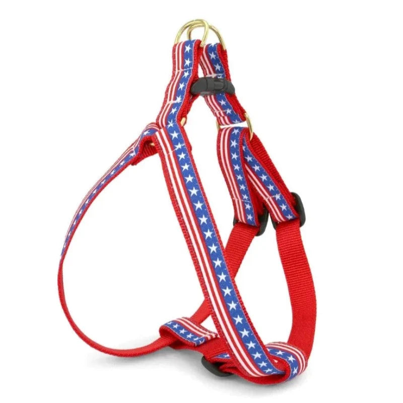 Up Country Stars & Stripes Dog Harness & Leash Matching Set – Made in USA Adjustable Step-In Patriotic Harness with Brass Hardware (Small–Large)