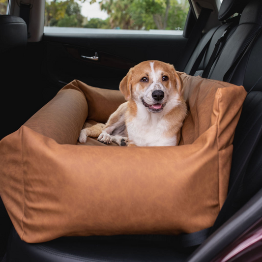 "PupProtector™ Faux Leather Memory Foam Dog Car Bed - Camel "