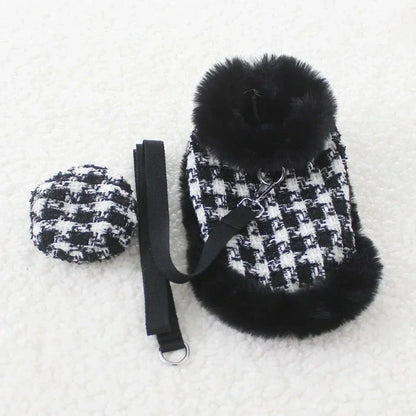 Tres Chic Black Houndstooth Dog Coat, Hat & Leash Set – Handmade Parisian Faux-Fur Cape Ensemble for Small Dogs (S–XL)