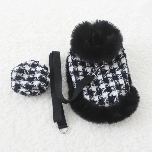 Tres Chic Black Houndstooth Dog Coat, Hat & Leash Set – Handmade Parisian Faux-Fur Cape Ensemble for Small Dogs (S–XL)