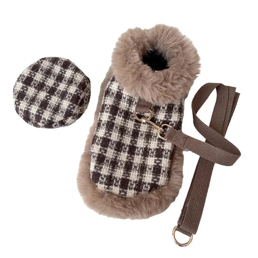 Tres Chic Brown Tweed Dog Coat, Hat & Leash Set – Handmade Parisian Faux-Fur Cape Ensemble for Small Dogs (S–XL)