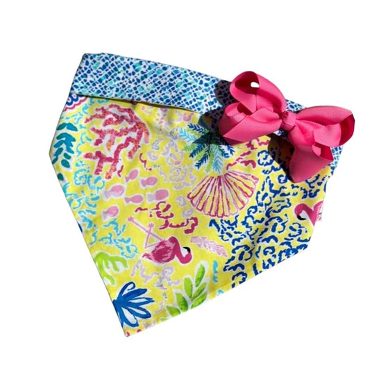 Tropical Miami Yellow Bandana Dog Collar with Bow – Handmade USA Cotton Bandana Collar with Pink Bow & Tropical Reef Print, Easy Snap Buckle (XS–XL)