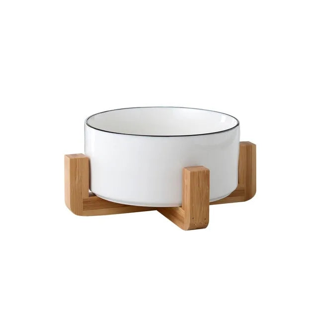 Ceramic Raised Cat Bowl with Wooden Stand | Elevated Ergonomic Dish for Better Posture & Digestion