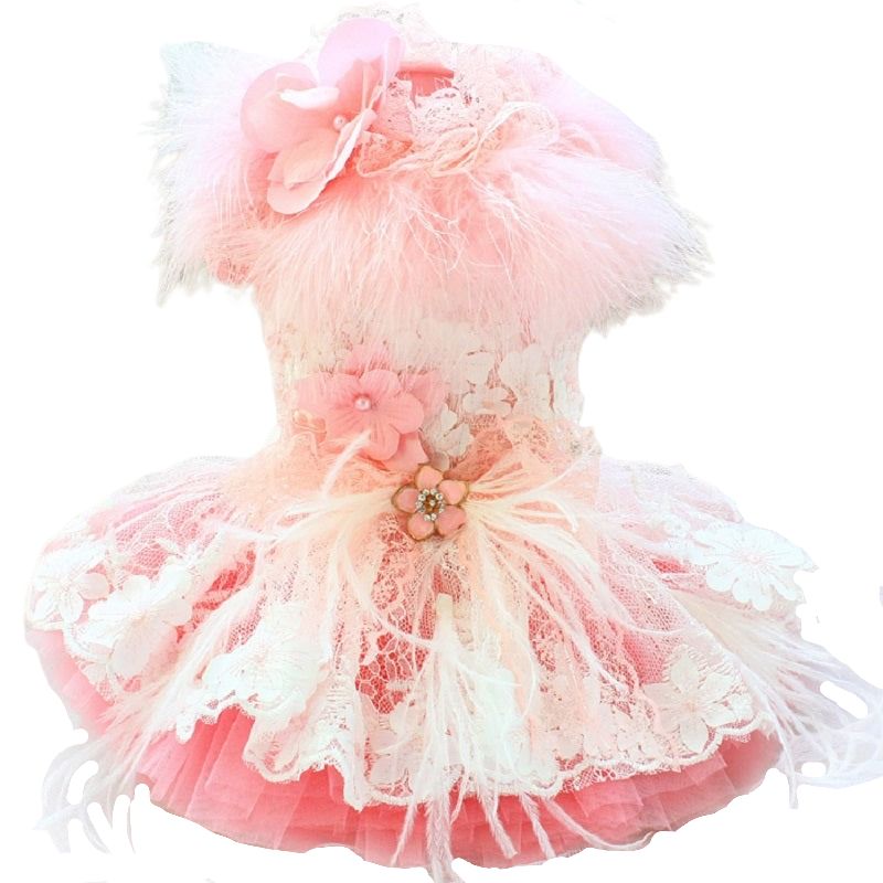 Designer Handmade “Sophia” Dog Party Dress – Luxury Pink Satin, Lace & Tulle Dress with Feathers and Floral Appliqué (XS–XL | Custom Sizes Available)