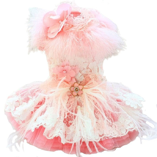 Designer Handmade “Sophia” Dog Party Dress – Luxury Pink Satin, Lace & Tulle Dress with Feathers and Floral Appliqué (XS–XL | Custom Sizes Available)