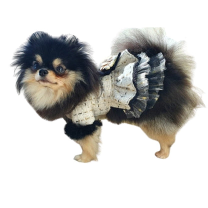 Designer Chanel-Inspired Tweed Dog Dress Coat – Handmade Luxury Dog Coat with Fur Trim, Lace & Tulle Skirt (S–2XL, Custom Sizes Available)