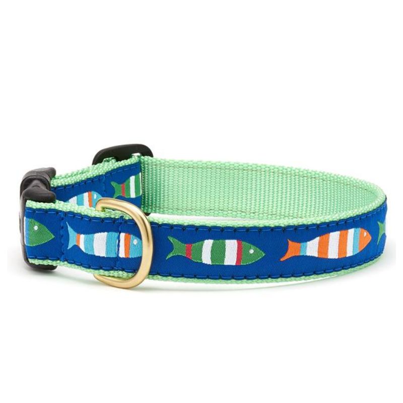 Up Country Funky Fish Dog Collar & Leash Matching Set – Made in USA, Vibrant Fish Pattern on Durable Nylon Webbing, Brass Hardware & Coast Guard Buckles, Machine Washable 5-ft Leash and Adjustable Collar (Small–Large Dogs)