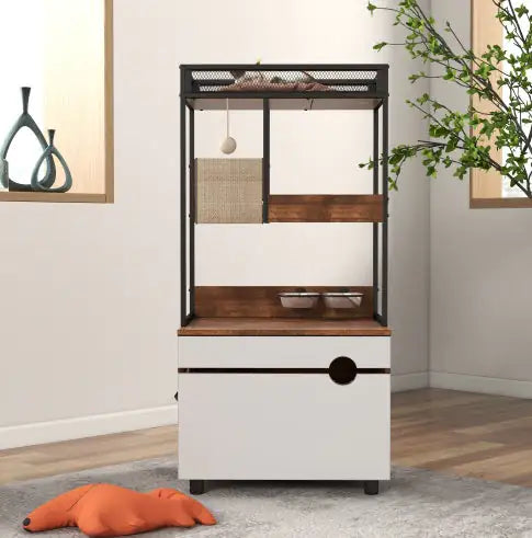 Cat Litter Box Enclosure with Cat Tree Tower – Multi-Functional Cat Cabinet & Furniture (White + Vintage)