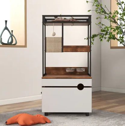 Cat Litter Box Enclosure with Cat Tree Tower – Multi-Functional Cat Cabinet & Furniture (White + Vintage)
