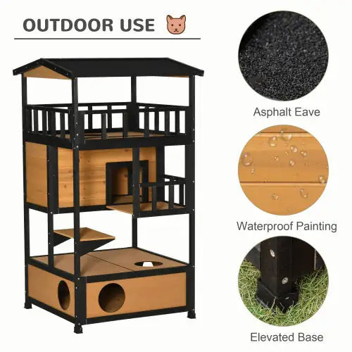 Rustic Wooden Outdoor Cat House | Multi-Level Kitten Playhouse with Escape Door, Platforms & Asphalt Roof