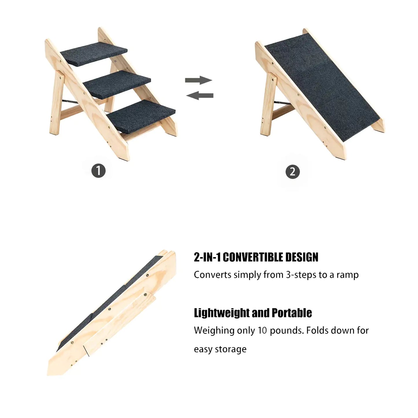 3-Tier Wooden Pet Steps & Ramp | Foldable Dog & Cat Stairs for Beds, Cars & Couches (Up to 110 lbs)