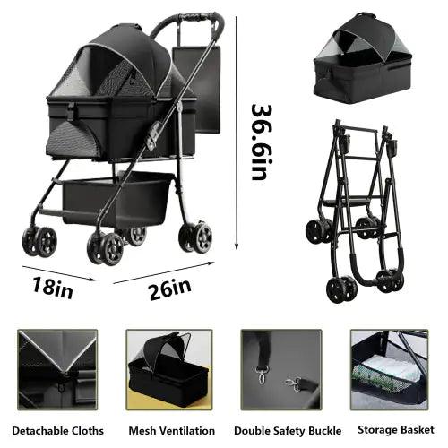 All-In-One Pet Travel Stroller & Carrier – Black
