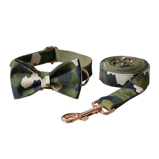 Army Chic Camouflage Bow Tie Dog Collar & Leash Set | Personalized Engraving – Adjustable Cotton, XS–XL