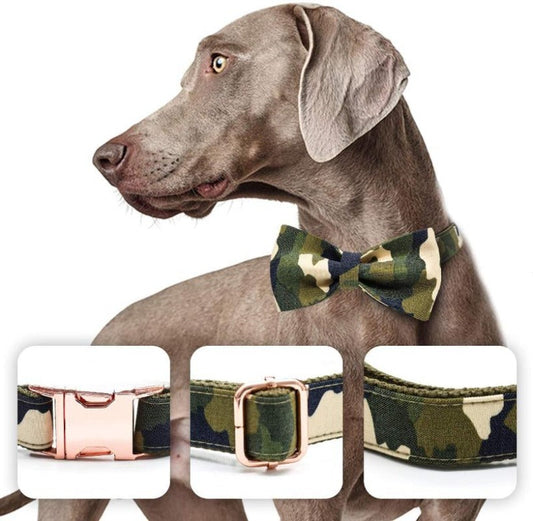 Army Chic Camouflage Bow Tie Dog Collar & Leash Set | Personalized Engraving – Adjustable Cotton, XS–XL