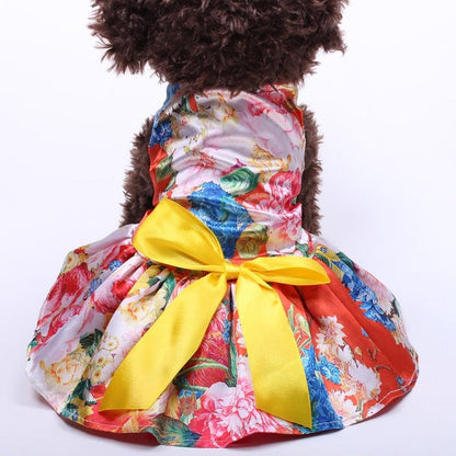Red Floral Dog Party Dress | Elegant Satin Dress with Yellow Bow for Small Dogs
