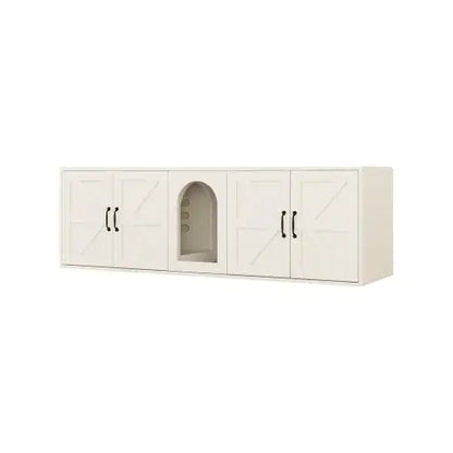 Modern Double-Room Cat Litter Box Furniture – Wooden Enclosed Litter Cabinet w/ Cat Door (White, 59")