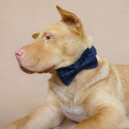 Classic Navy Check Bow Tie Dog Collar & Leash Set | Personalized Engraving – Handmade Cotton, XS–XL