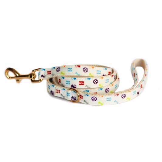 Bonejour Petite Dog Leash – White Multi Recycled Material with Pooie Vuiton Print, Eco-Friendly & Stylish