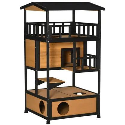 Rustic Wooden Outdoor Cat House | Multi-Level Kitten Playhouse with Escape Door, Platforms & Asphalt Roof