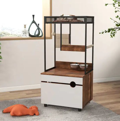 Cat Litter Box Enclosure with Cat Tree Tower – Multi-Functional Cat Cabinet & Furniture (White + Vintage)
