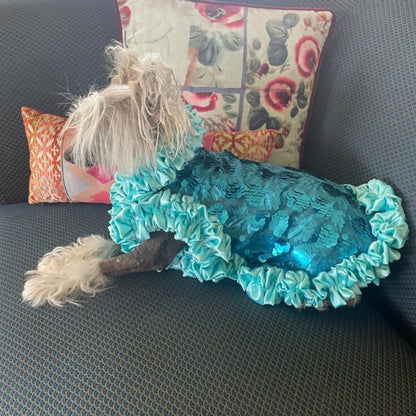 C’Mimi Designer Couture Shimmering Blue Dog Party Dress – Handmade aqua satin and sequin couture dress with rhinestone details, designed by Jan Ben. One-of-a-kind and made to order (6–8 weeks). Sizes XS–3XL, custom sizes available.