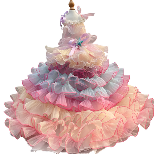 Luxury Handmade Pink Pearl Starfish Dog Party Dress – Designer Layered Tulle Gown with Faux Pearl Trim & Bow for Small to Medium Dogs (XS–XL)