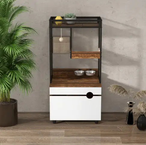 Cat Litter Box Enclosure with Cat Tree Tower – Multi-Functional Cat Cabinet & Furniture (White + Vintage)