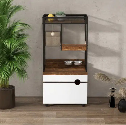 Cat Litter Box Enclosure with Cat Tree Tower – Multi-Functional Cat Cabinet & Furniture (White + Vintage)