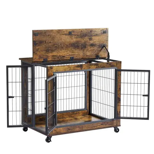 Rolling Rustic Brown Dog Crate Table – Furniture-Style Kennel with Double Doors & Wheels