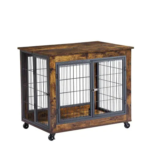 Rolling Rustic Brown Dog Crate Table – Furniture-Style Kennel with Double Doors & Wheels