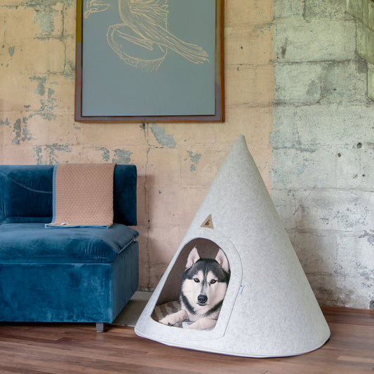 Nooee Pet Cave Harry (XXL) – Cream Modern Cone-Shaped Pet Home with Machine-Washable Cushion, Portable Roll-Up Design with Travel Bag, Fits Pets Up to 55 lbs, 40”L x 37”W x 37”H