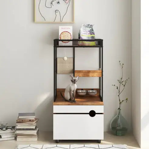 Cat Litter Box Enclosure with Cat Tree Tower – Multi-Functional Cat Cabinet & Furniture (White + Vintage)